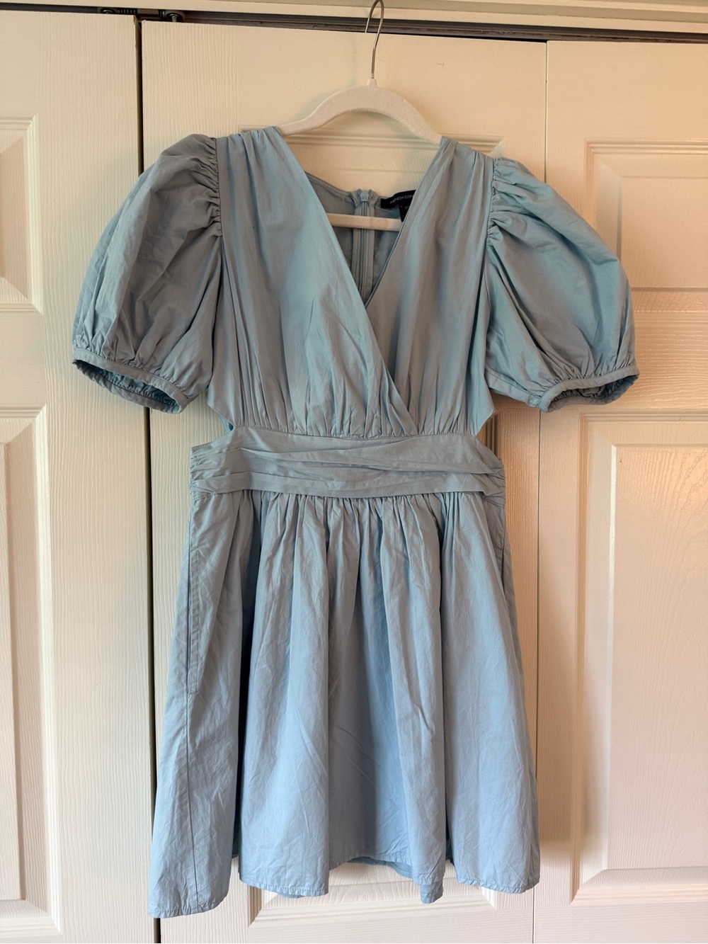 French Connection Powder Blue Puff Sleeve Dress with Waist Cut Outs